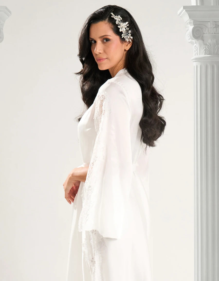 Lace-Trim Satin Bridal Long Robe