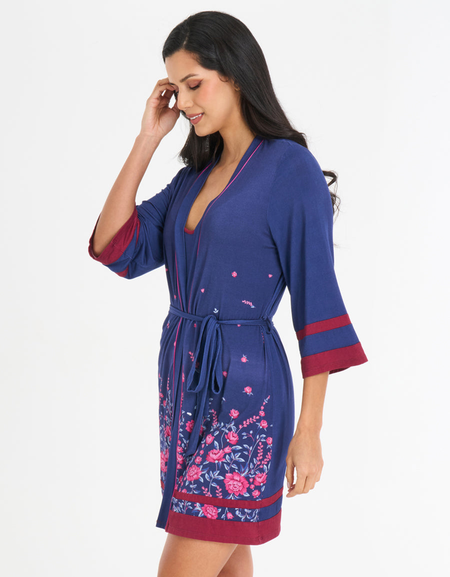 Floral Print Short Dress and Robe Set