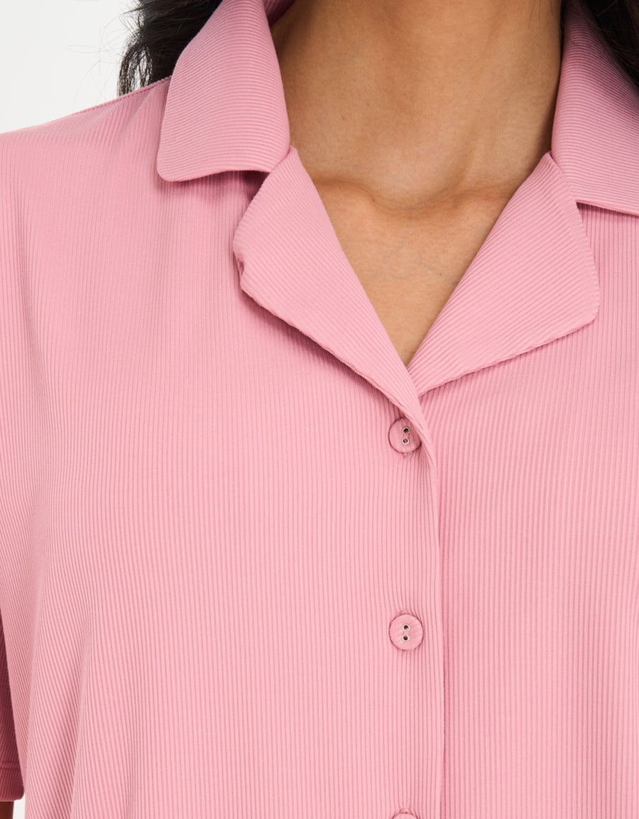 Ribbed Short-Sleeve Shirt with Pants Pajama Set in Pink