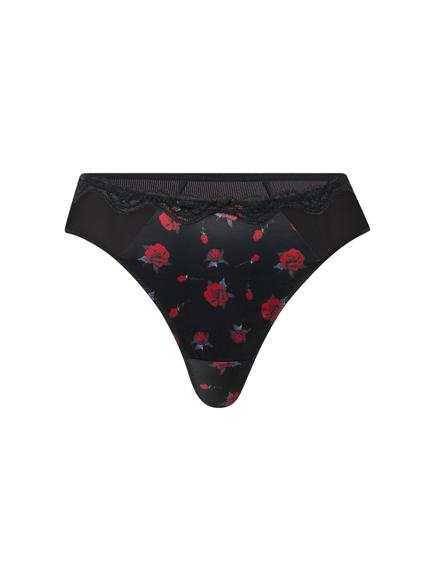 Black Satin Floral Thong with Lace