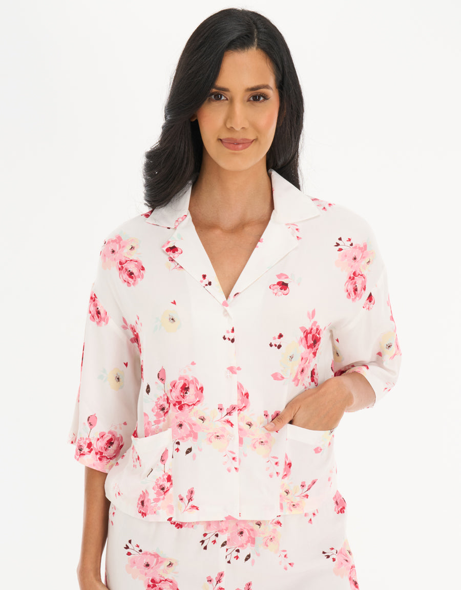 Short-Sleeve Shirt with Shorts Pajama Set in White