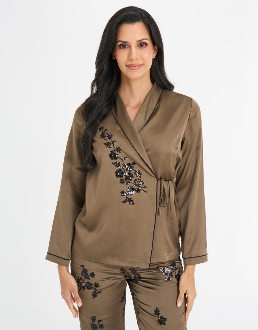 Sequin Embroidered Satin Pajama Set