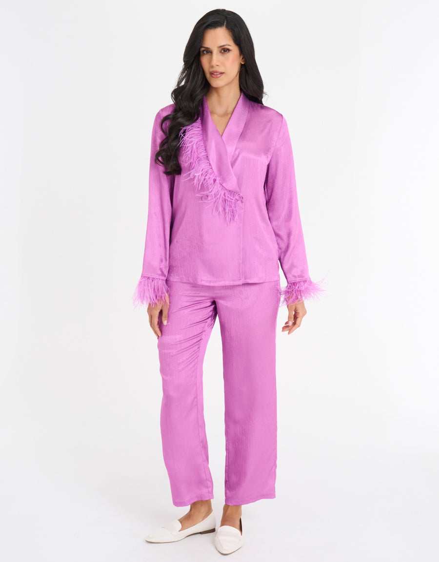 Feather-Trim Satin Pajama Set