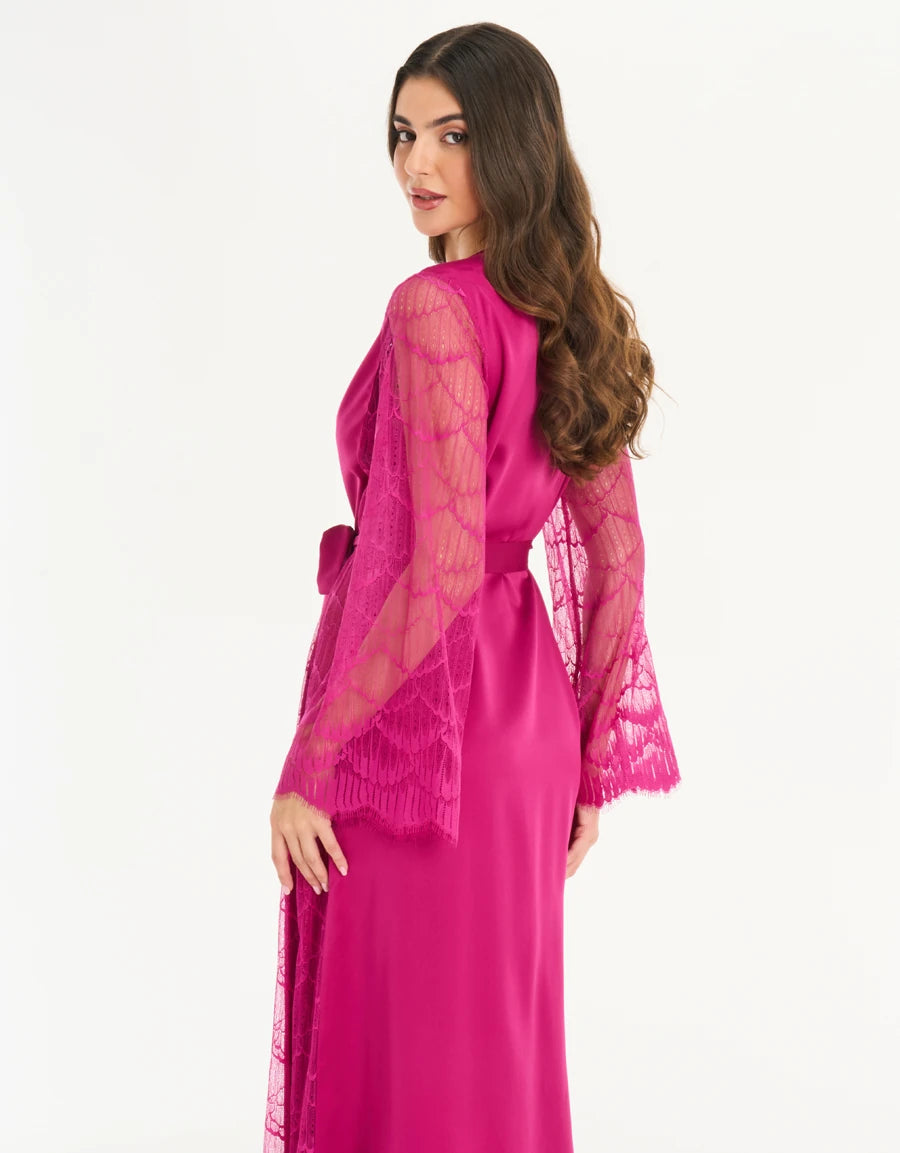 Lace-Trim Satin Long Robe