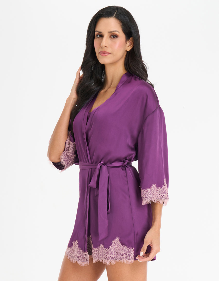 Lace-Trim Satin Short Robe
