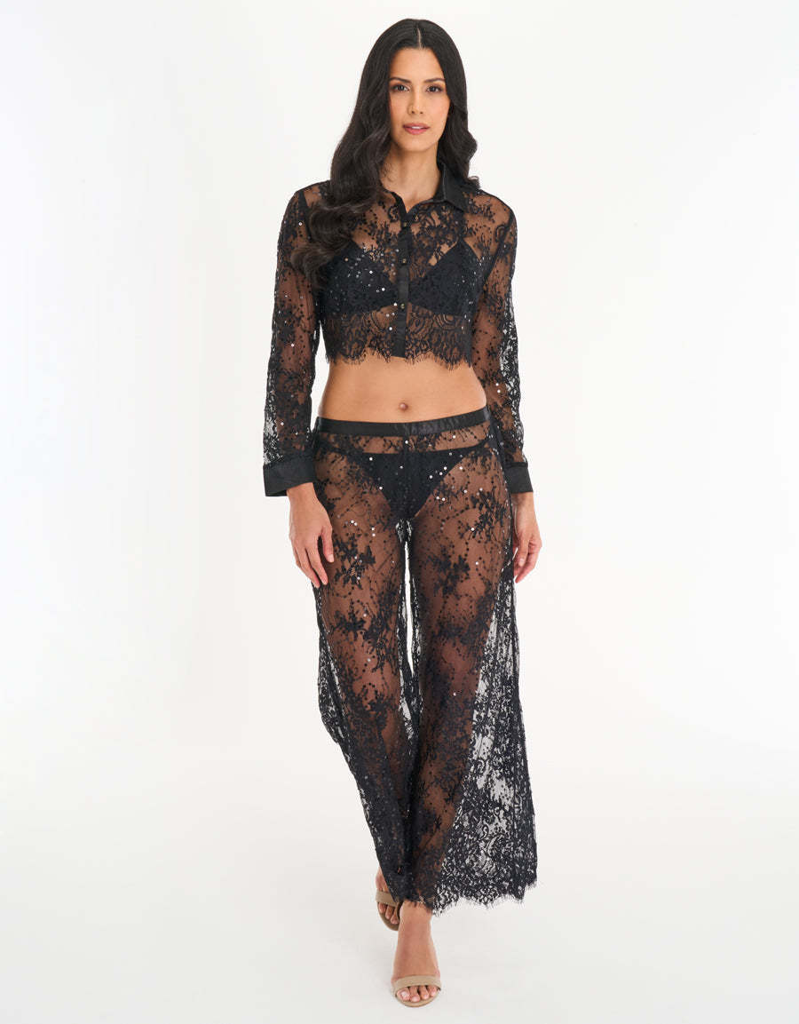 Lace Crop Top and Wide-Leg Trousers with Bra in Black