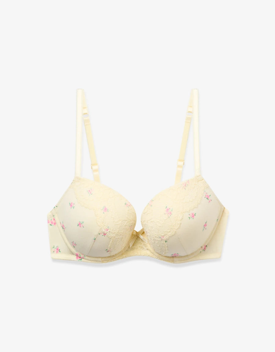 Lace-Trim Floral Print Plunge Bra