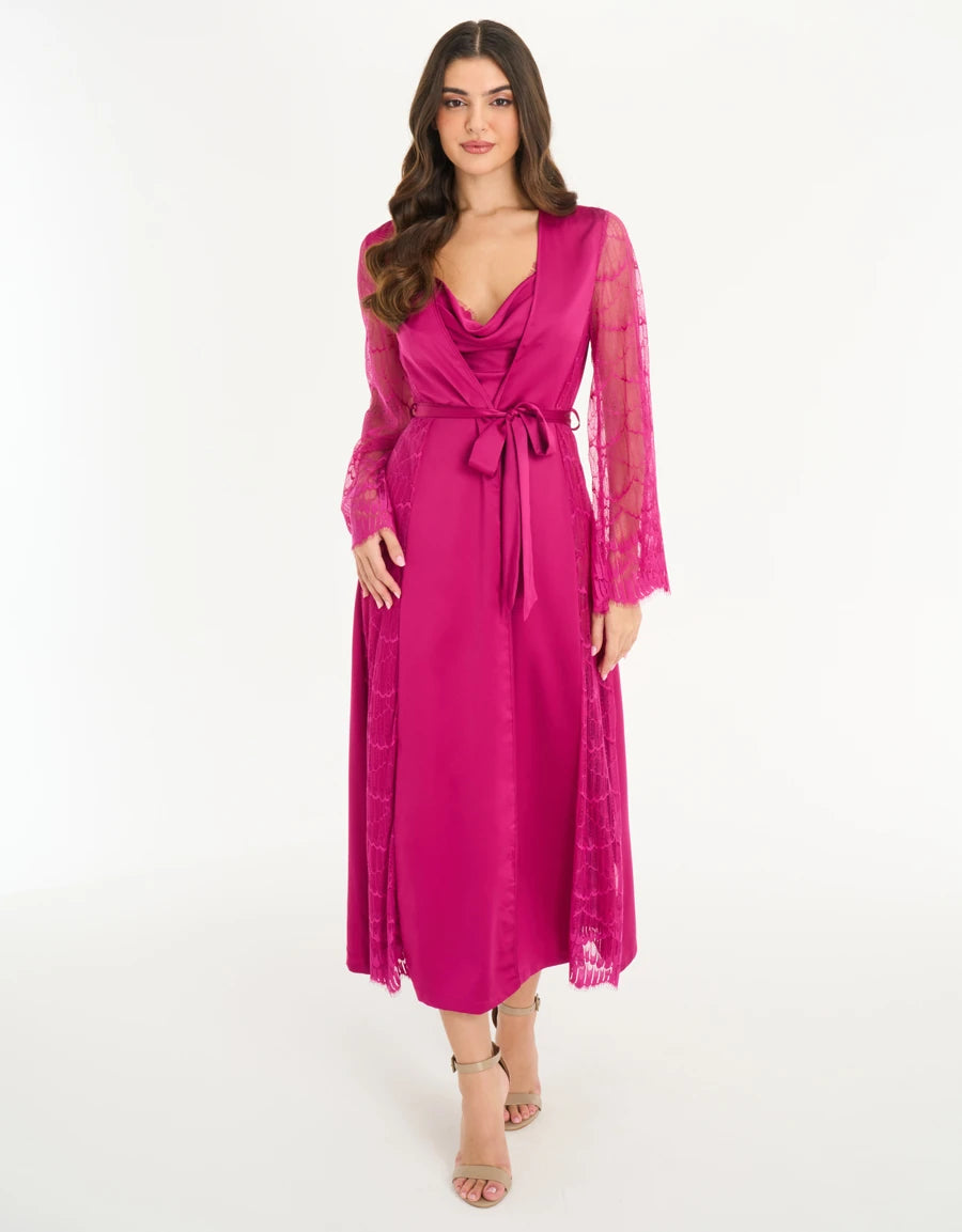 Lace-Trim Satin Long Robe