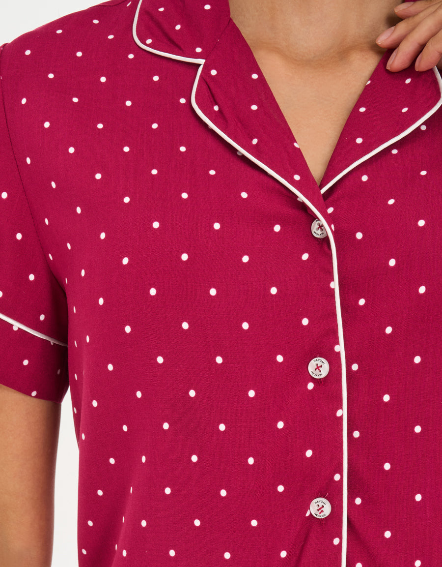 Short-Sleeve Shirt with Pants Pajama Set in Red