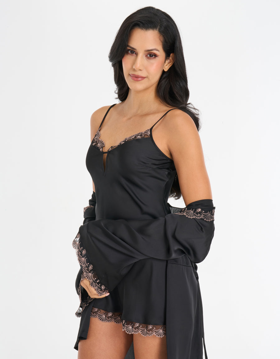 Lace-Trim Satin Short Robe