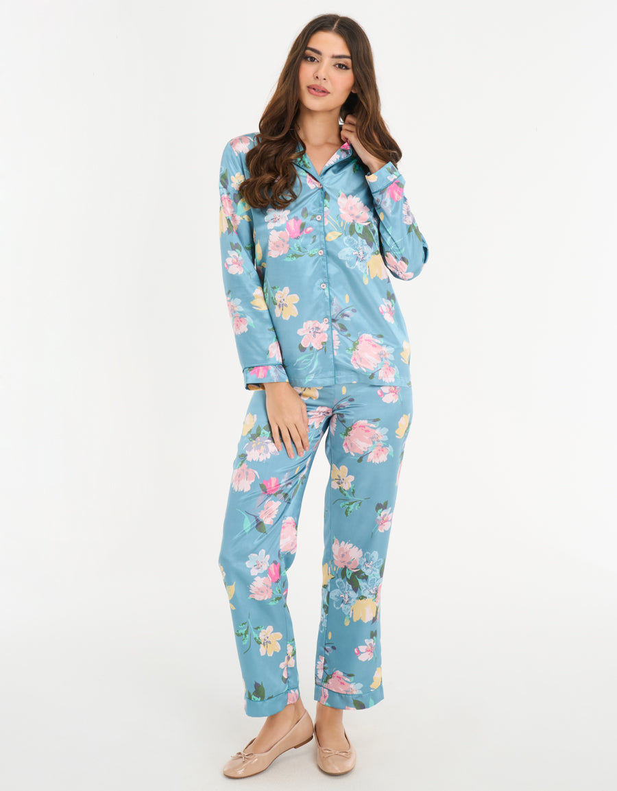 Satin Long-Sleeve Shirt with Pants Pajama Set in Blue