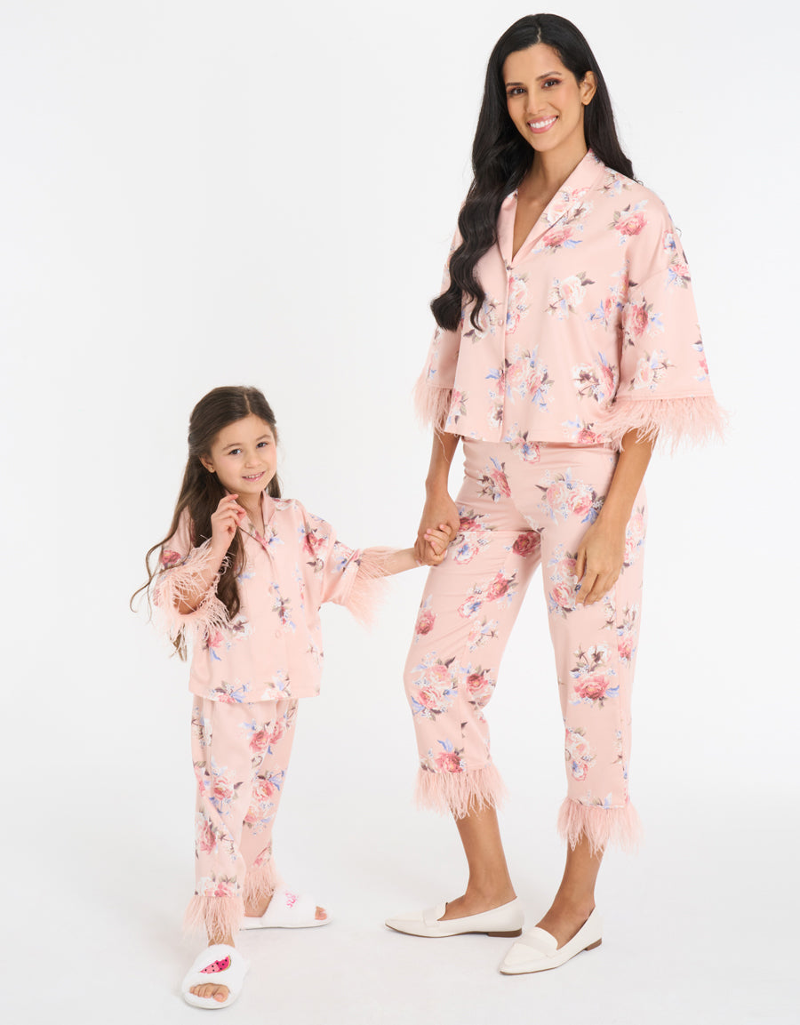 Feather-Trim Satin Pajama Set