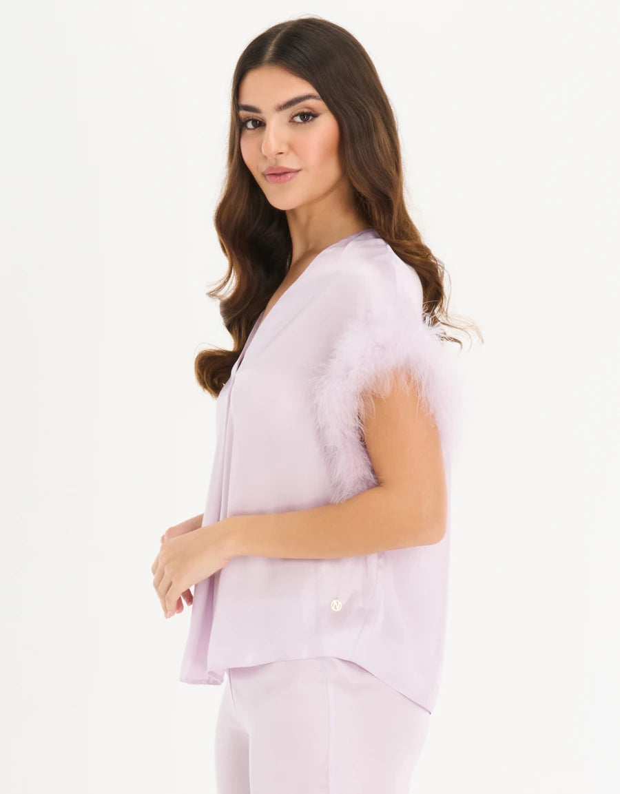 Feather-Trim Satin Pajama Set