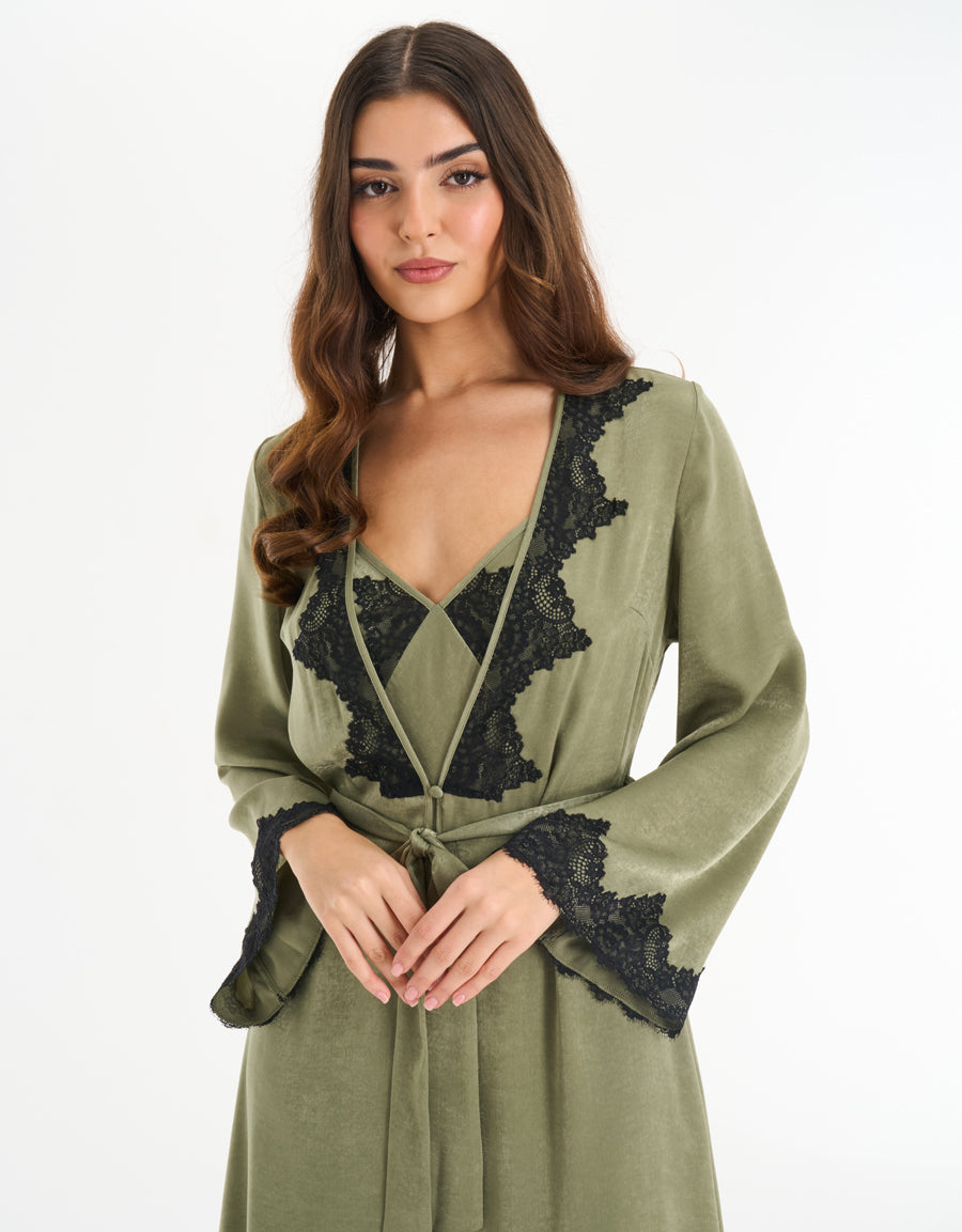 Satin Long Robe in Dark Green
