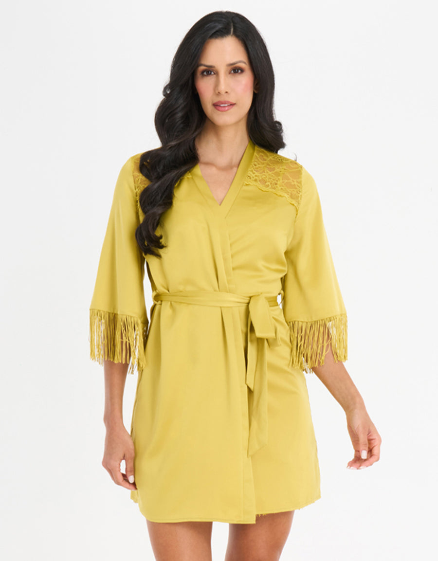 Fringed Satin Short Dress and Robe Set