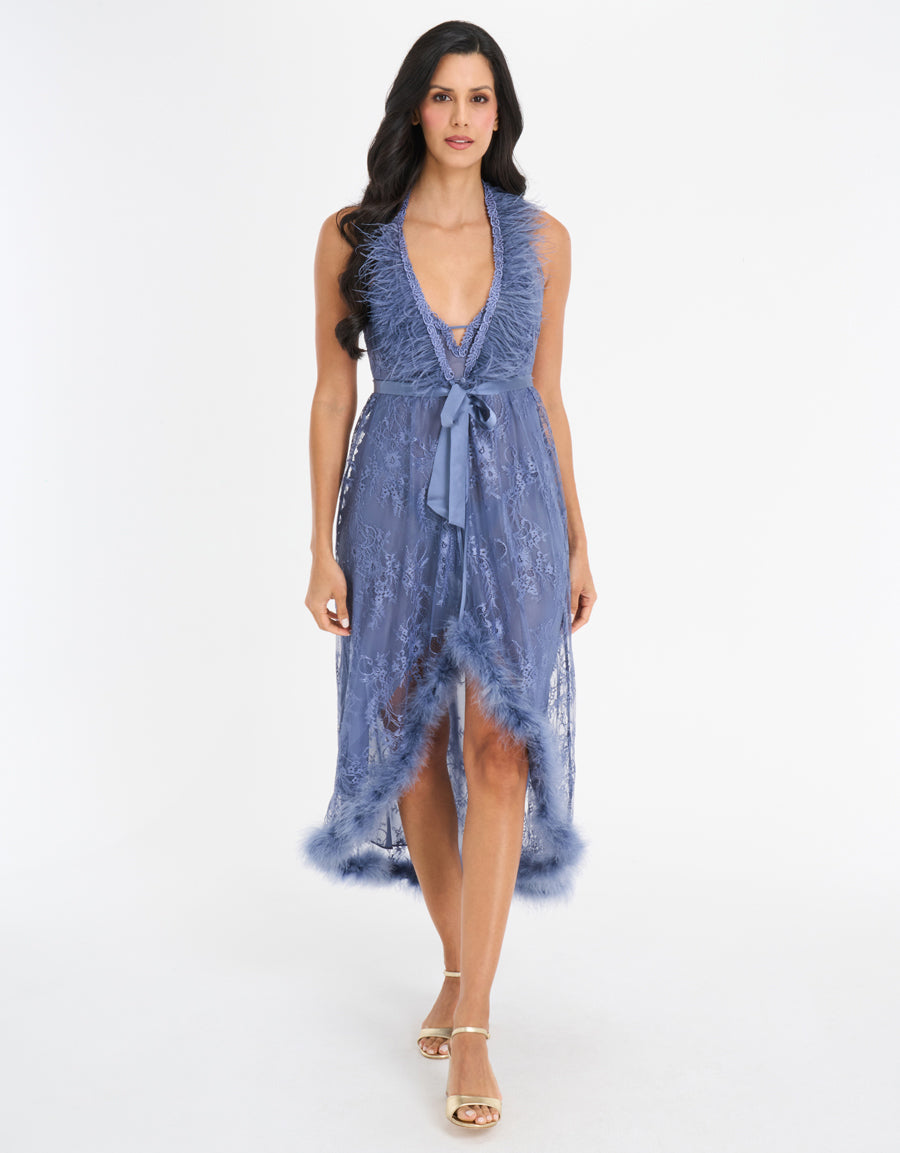 Feather-Trim Lace Long Dress