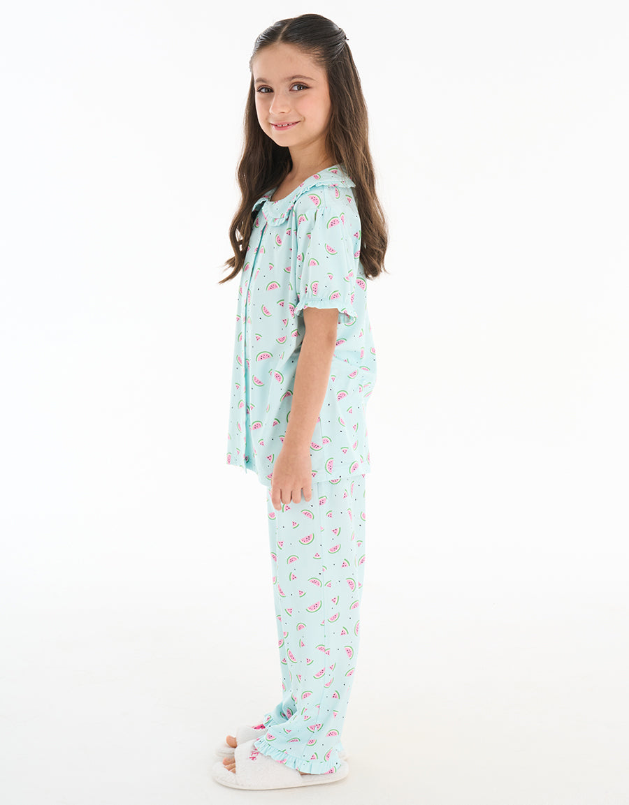 Short-Sleeve Shirt with Pants Pajama Set in Light Blue