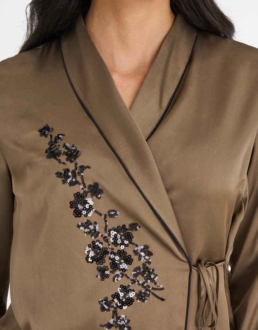 Sequin Embroidered Satin Pajama Set