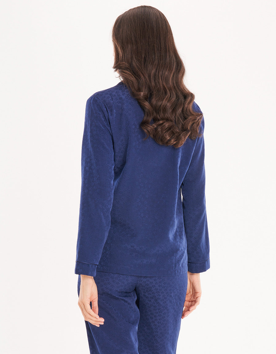 Satin Blue Long-Pants Short-Sleeve Pajama Set