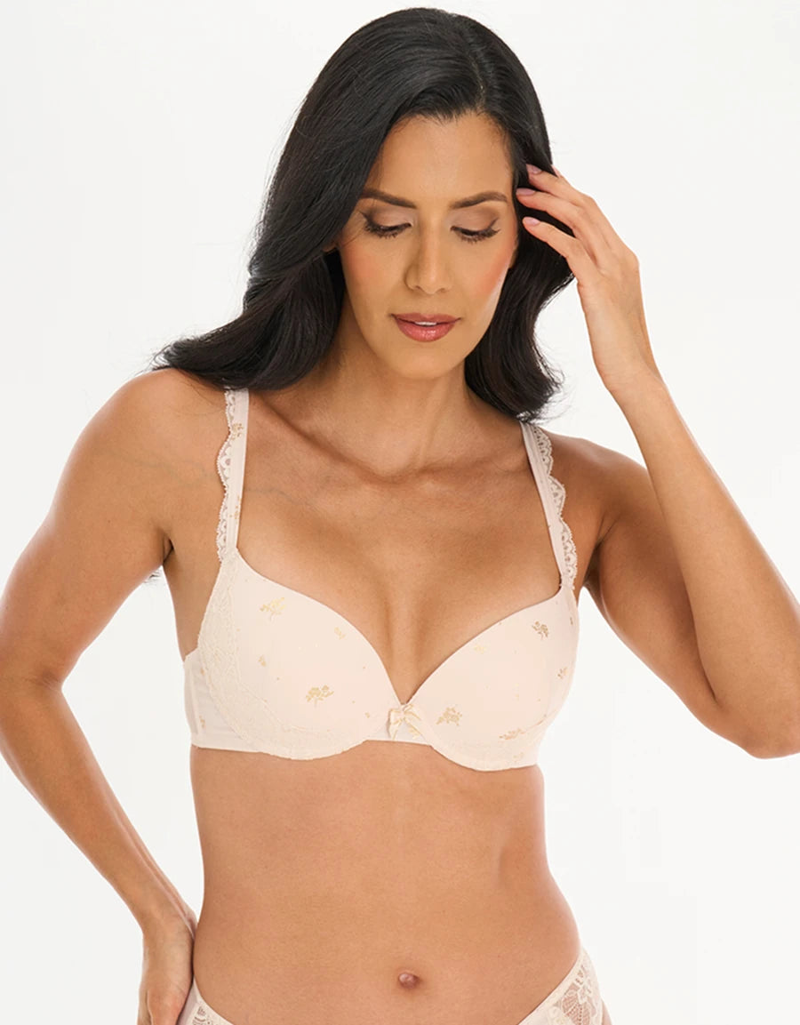 Lace-Trim Floral Print Bridal Plunge Bra