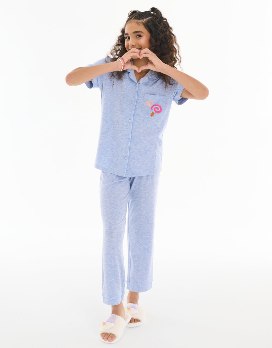Short-Sleeve Shirt with Pants Pajama Set in Light Blue