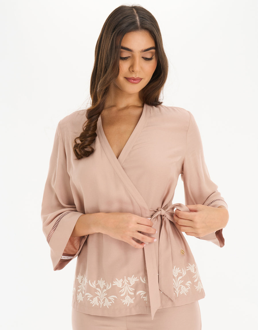 Long-Sleeve Shirt with Pants Pajama Set in Nude