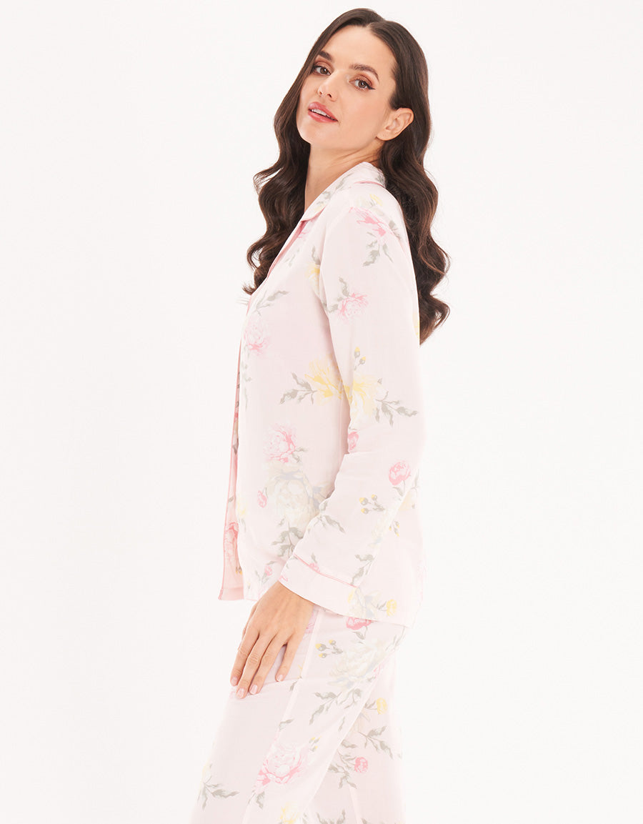 Light Pink Floral Woven Short-Sleeve Long Pajama Set