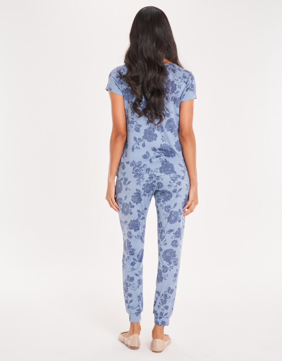 Floral Short-Sleeve Long Pink Jogger Set