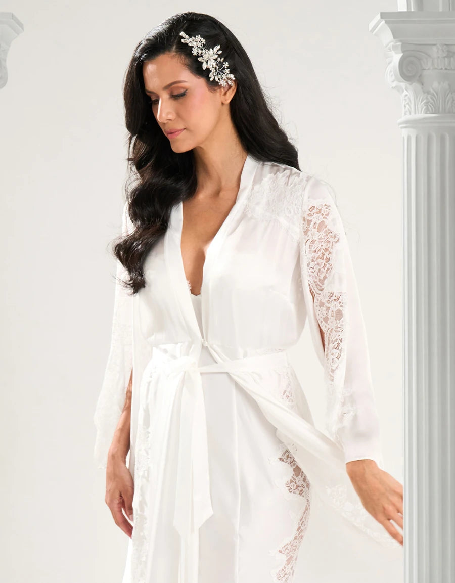 Lace-Trim Satin Bridal Long Robe