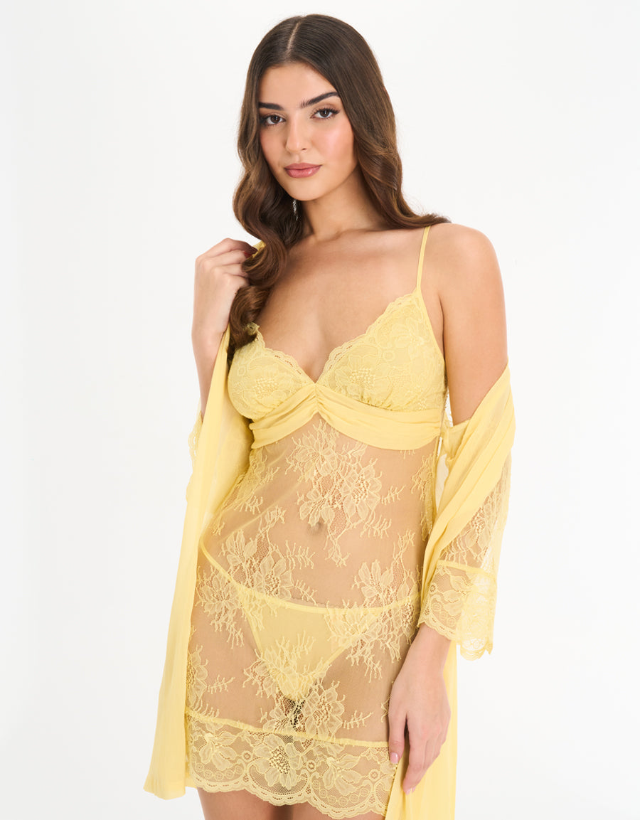 Chiffon Short Nightdress and Robe in Yellow
