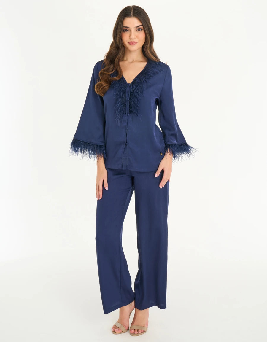 Feather-Trim Satin Pajama Set