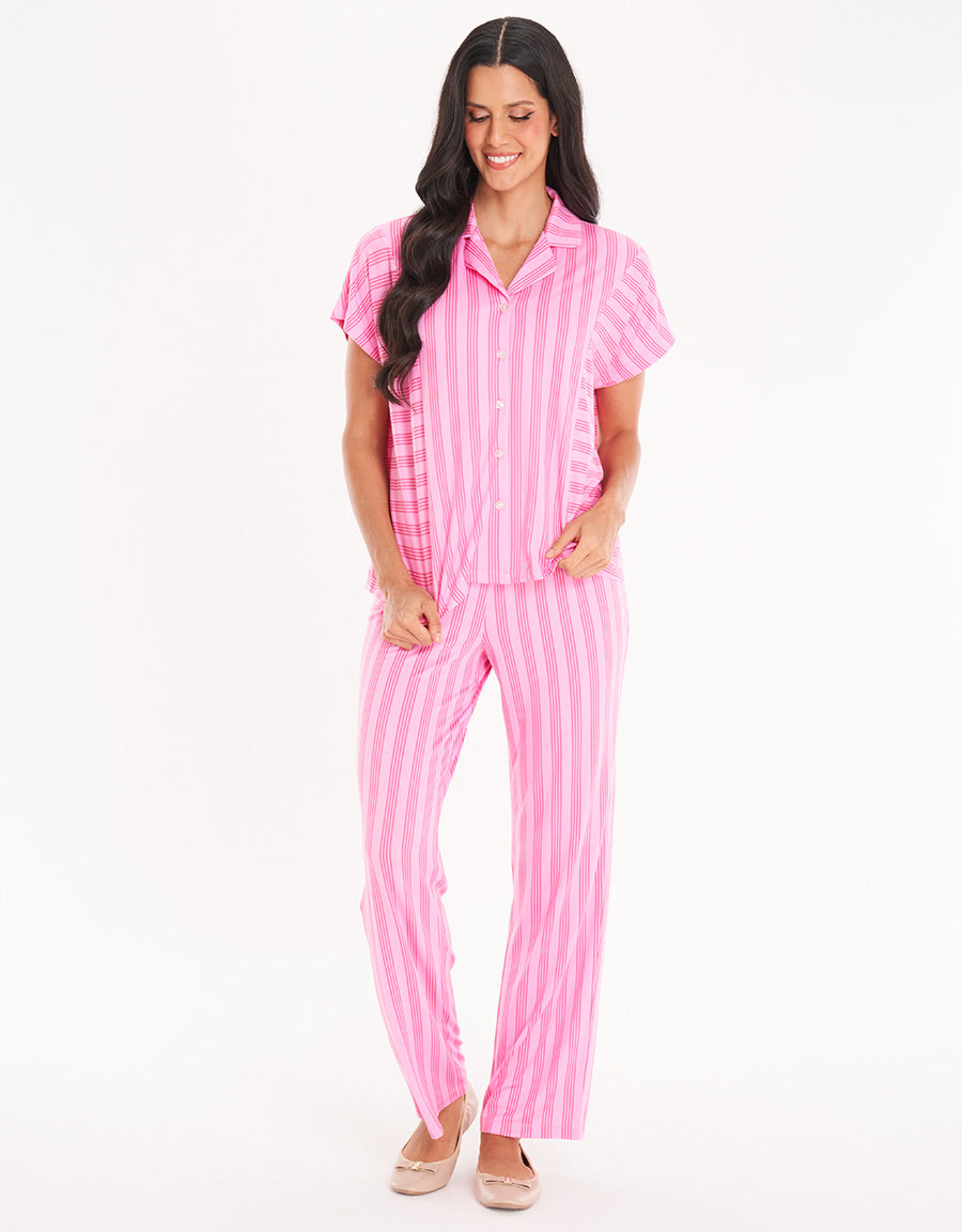 Pink Stripe Short-Sleeve Long Pajama Set