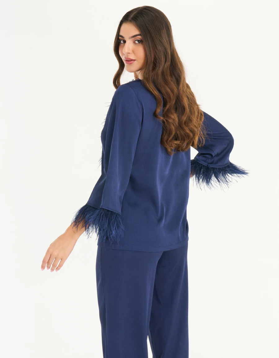 Feather-Trim Satin Pajama Set