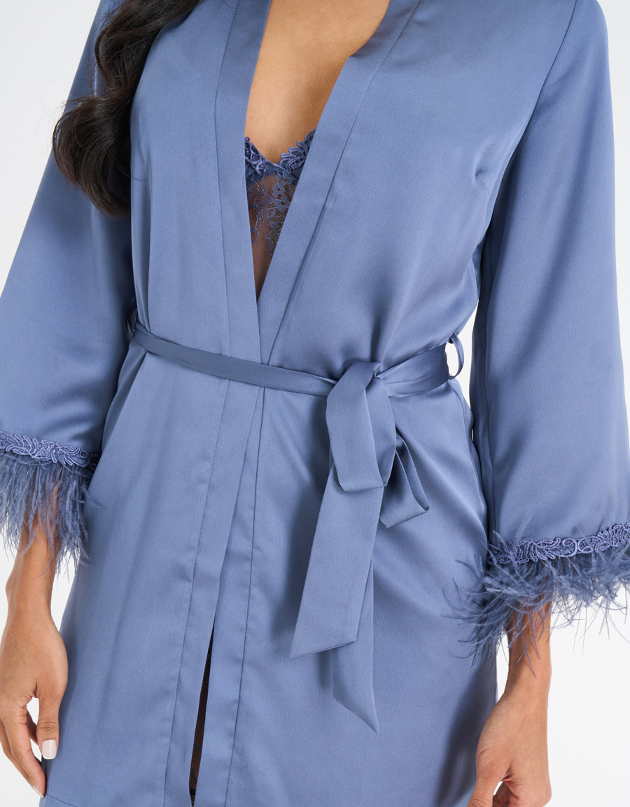 Feather-Trim Lace Short Dress and Robe Set