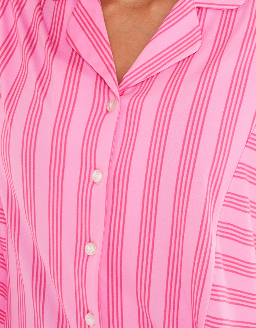 Pink Stripe Short-Sleeve Long Pajama Set