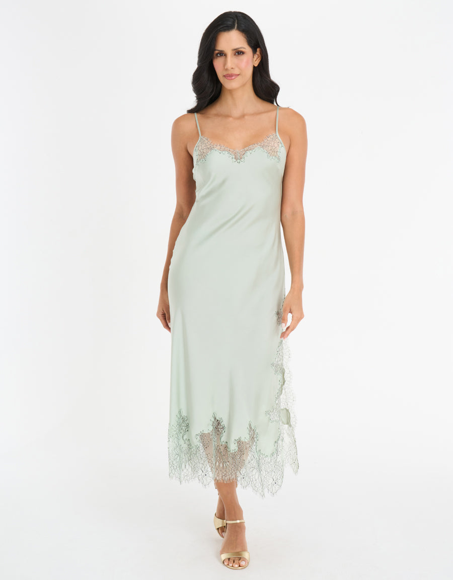Lace-Trim Satin Long Dress