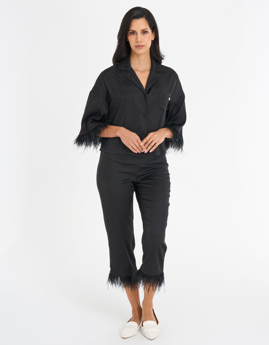 Feather-Trim Satin Pajama Set