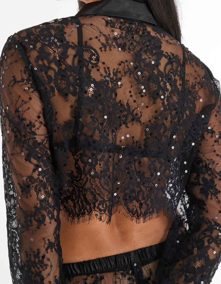 Lace Crop Top and Wide-Leg Trousers with Bra in Black