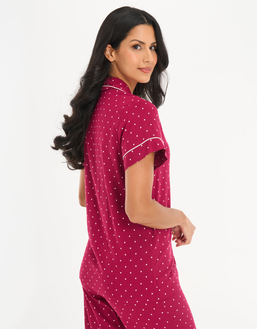 Short-Sleeve Shirt with Pants Pajama Set in Red