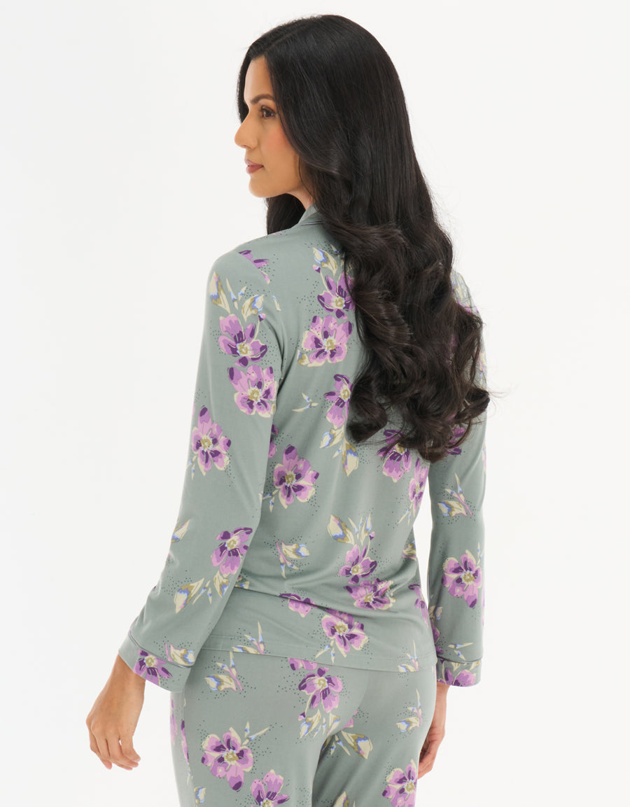 Jersey Long-Sleeve Shirt with Pants Pajama Set in Green