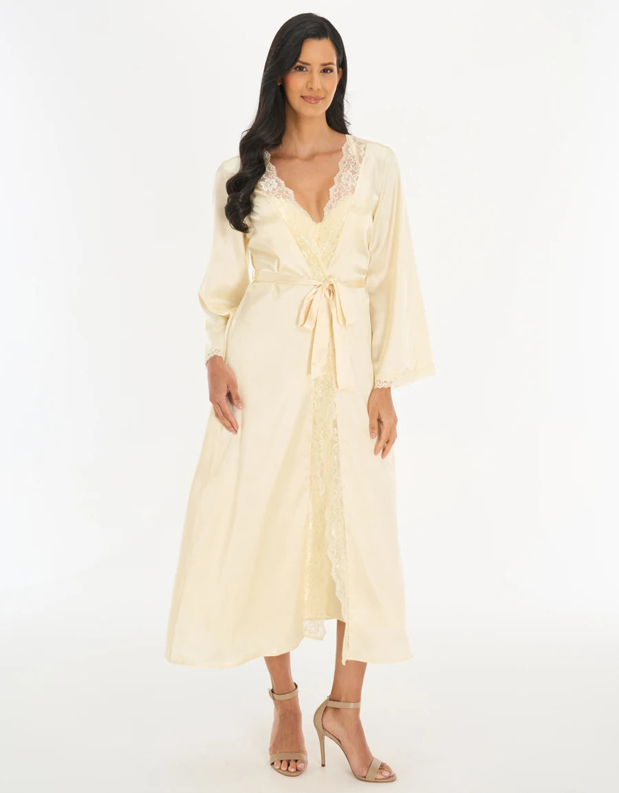 Lace-Trim Jacquard Satin Long Robe