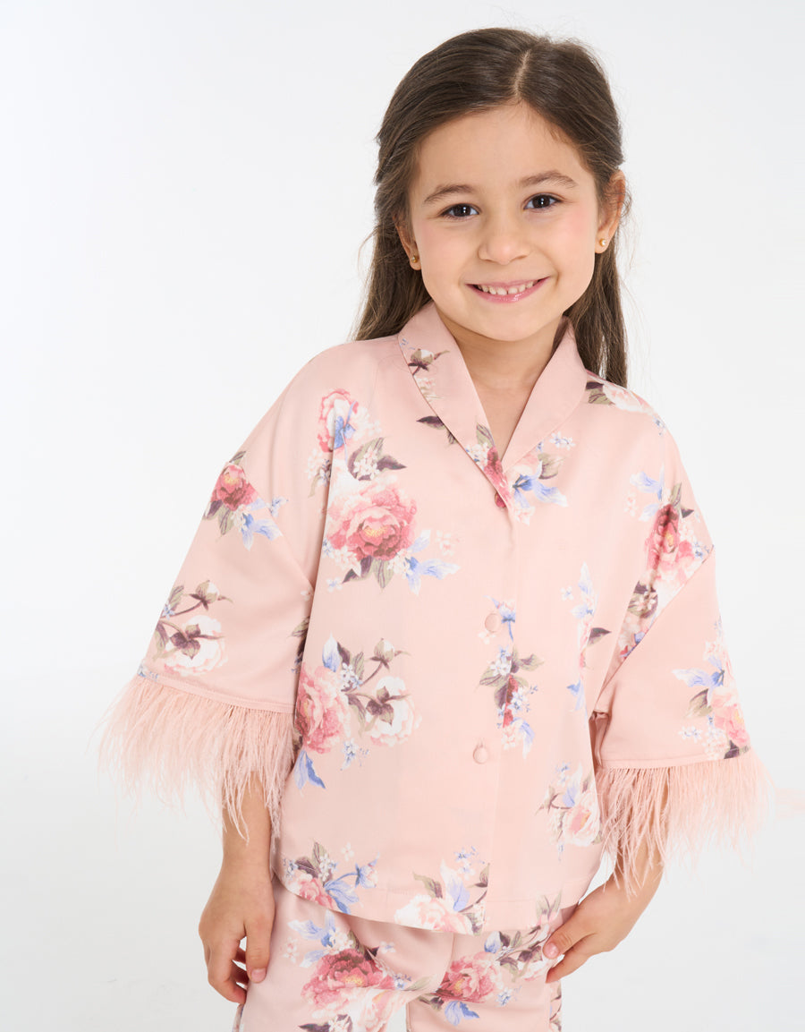 Feather-Trim Satin Pajama Set