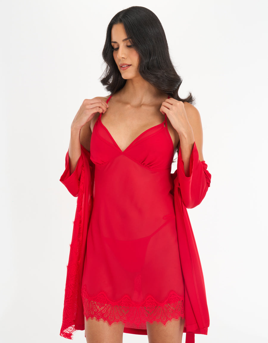 Satin Short Nightdress and Robe in Red