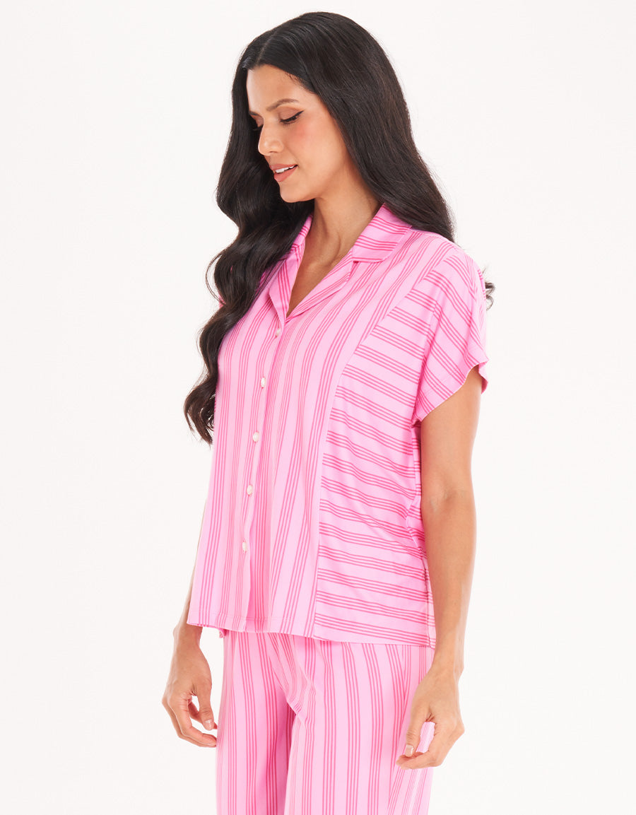 Pink Stripe Short-Sleeve Long Pajama Set