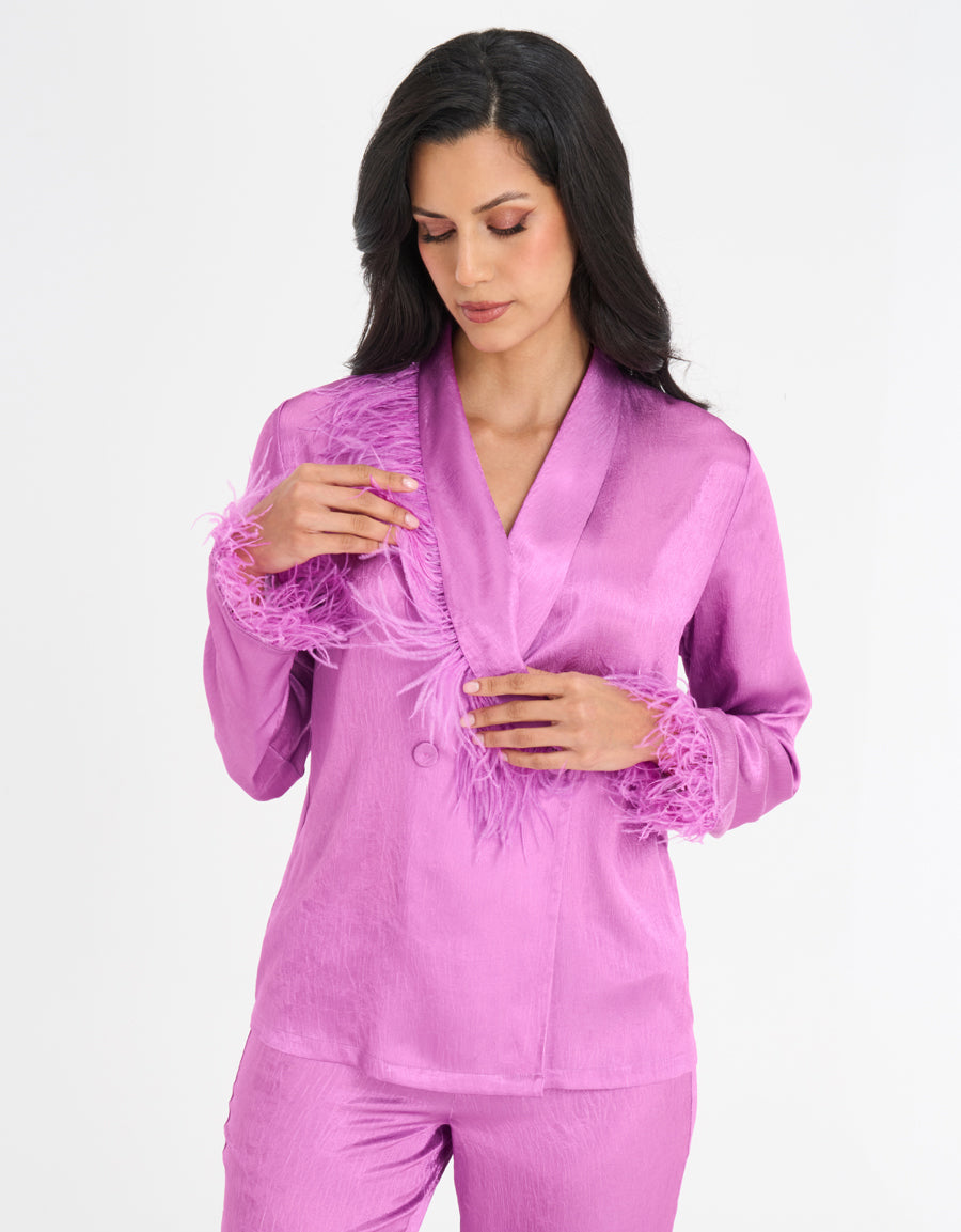Feather-Trim Satin Pajama Set
