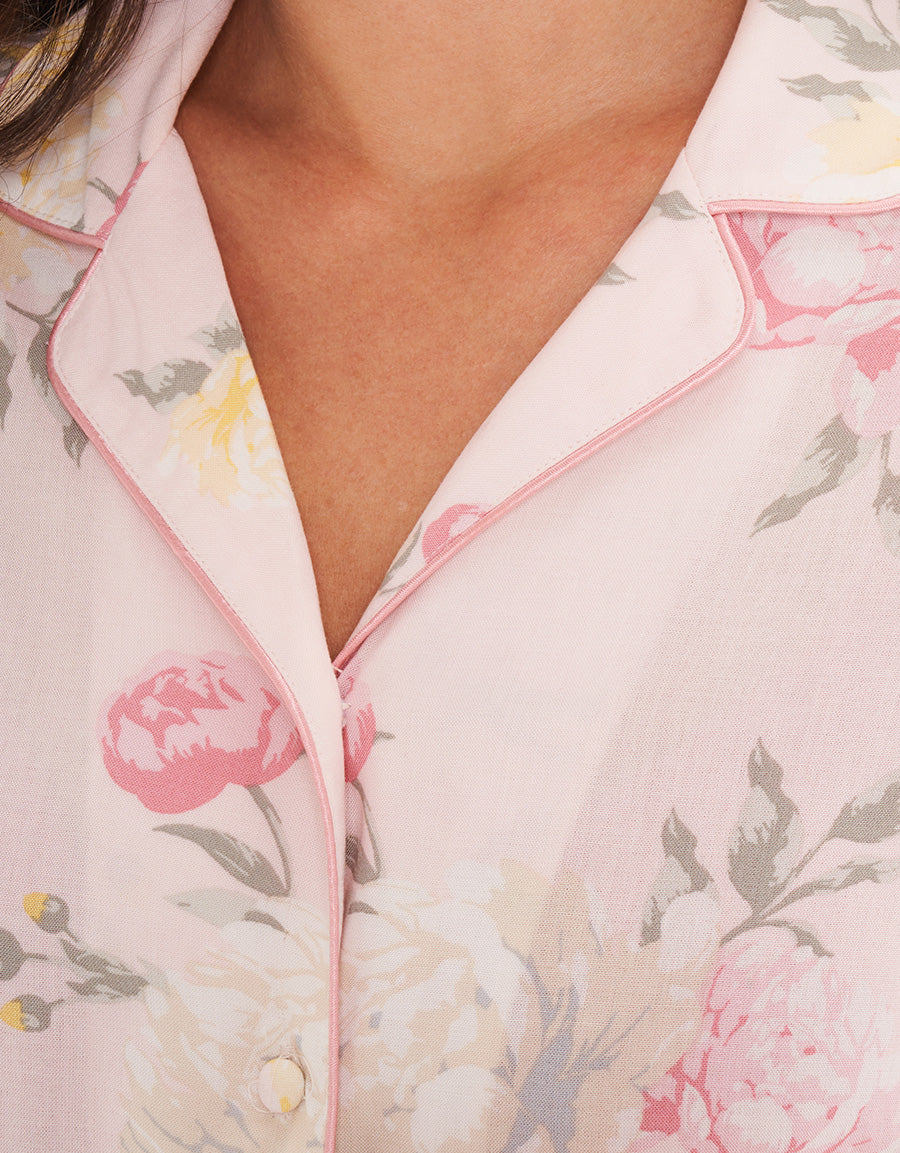 Light Pink Floral Woven Short-Sleeve Long Pajama Set