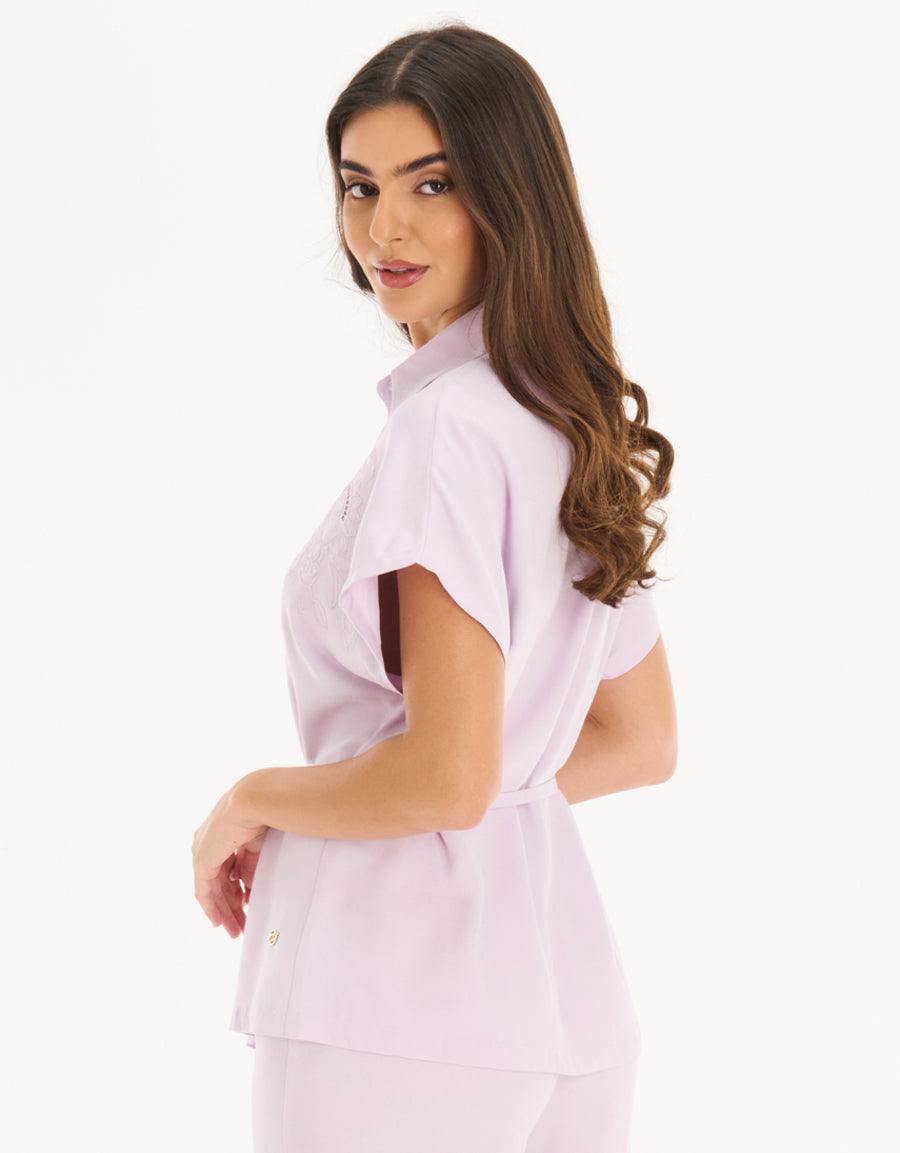 Short-Sleeve Shirt with Pants Pajama Set in Lilac