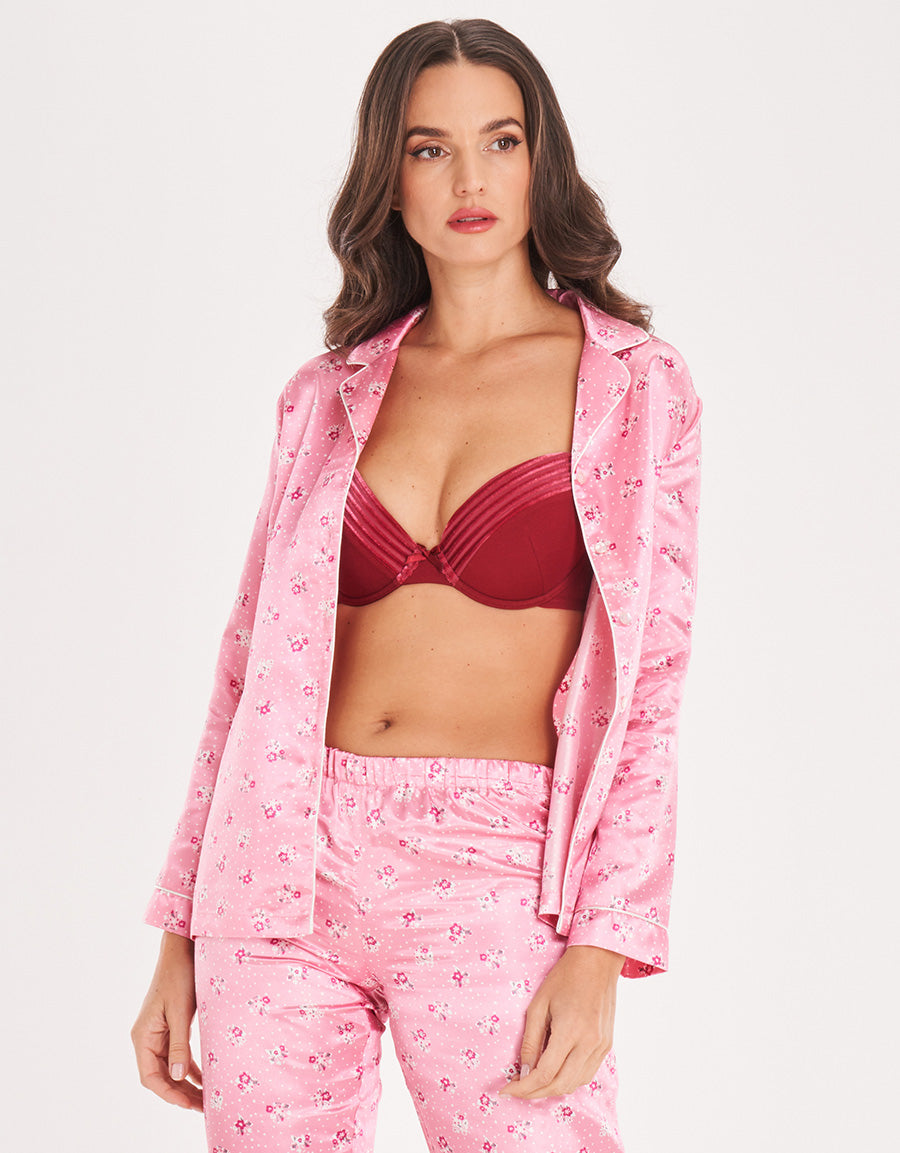 Pink Floral Short-Sleeve Long Pajama Set