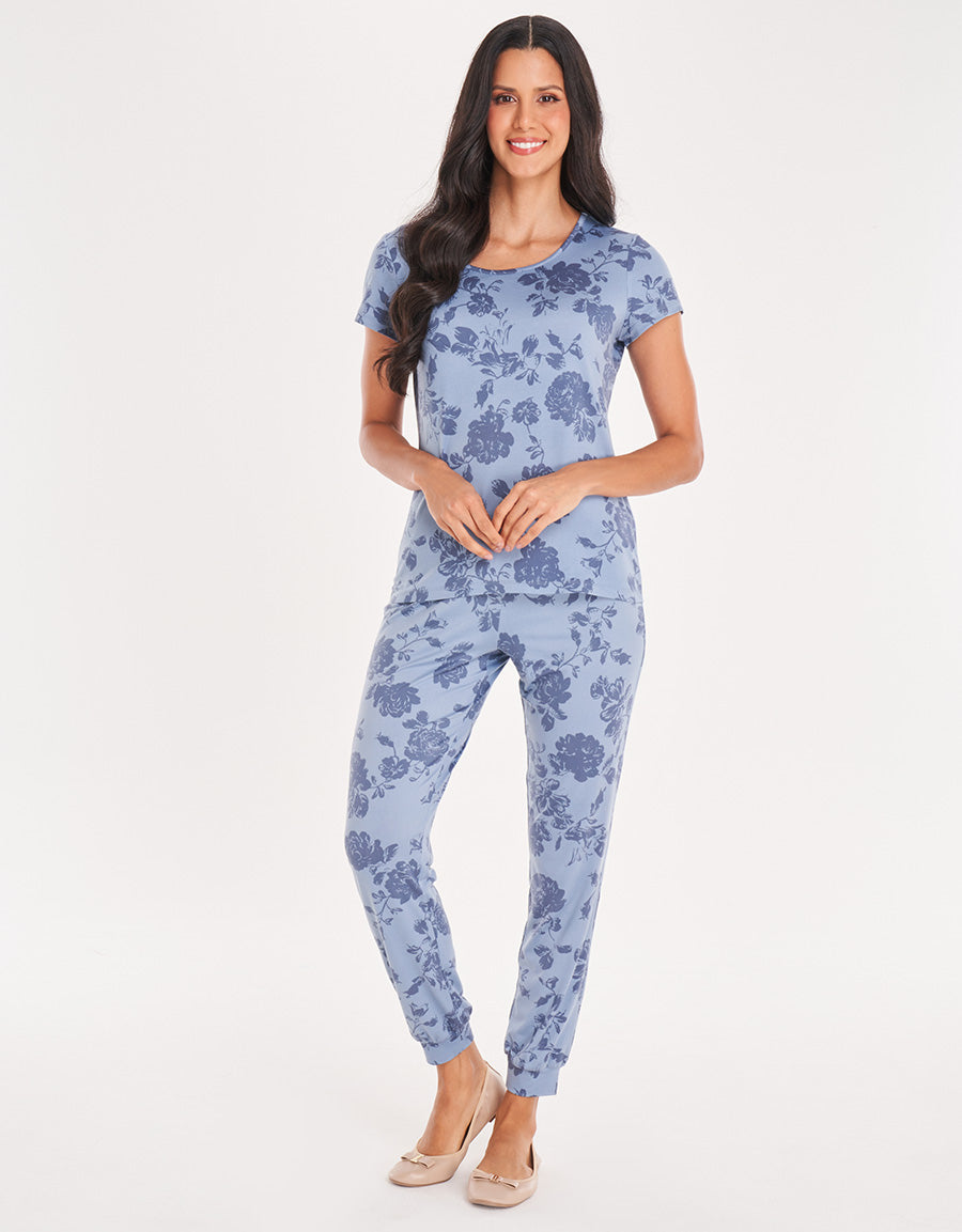 Floral Short-Sleeve Long Pink Jogger Set