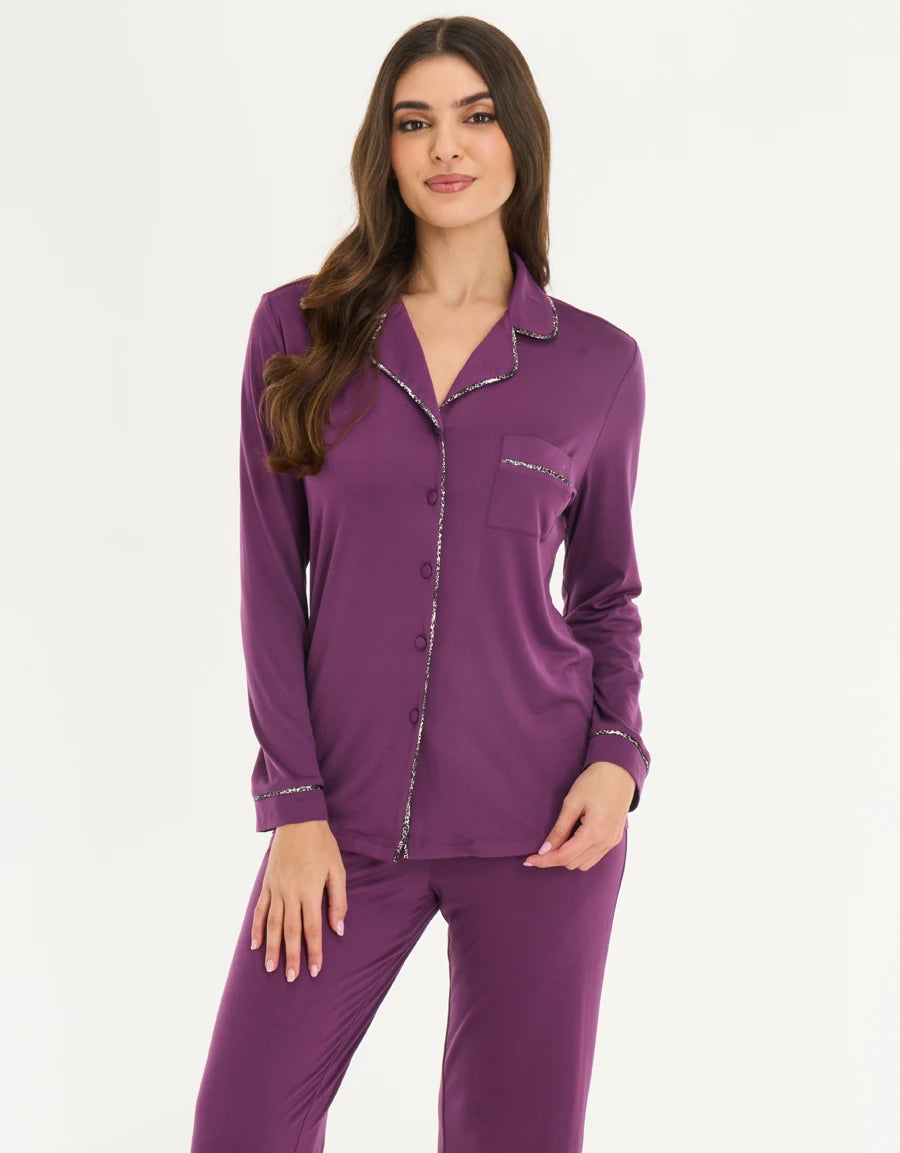 Ribbon-Trim Leopard Print Pajama Set